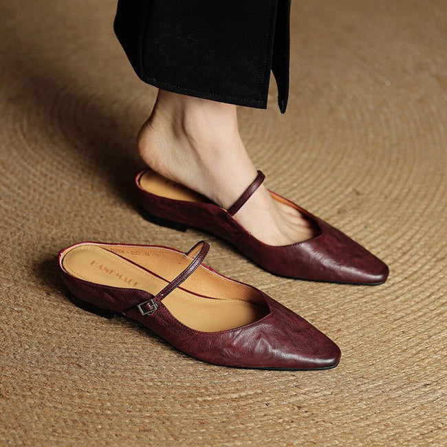 Klara | Women's Pointed-Toe Buckle Leather Mary Jane Flats