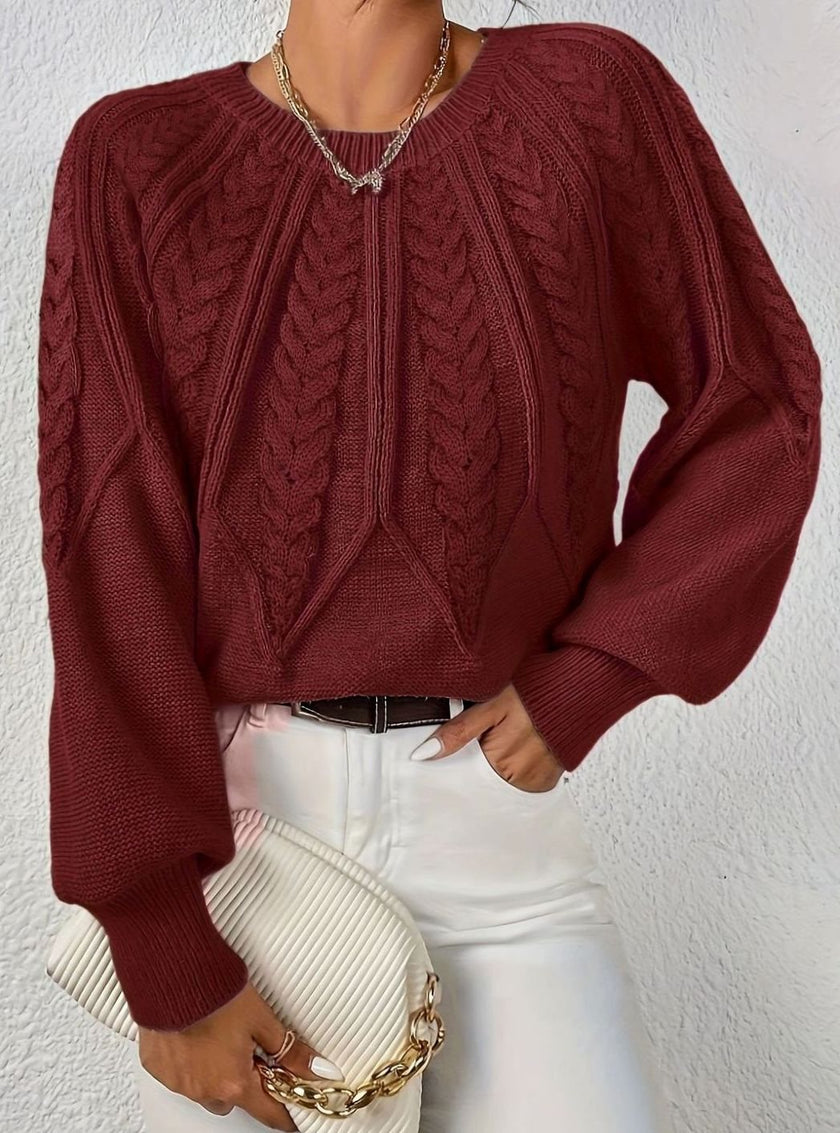 Mia | Women's Relaxed Cable-Knit Lantern Sleeve Pullover Sweater with Ribbed for Everyday