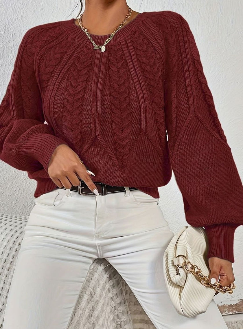 Mia | Women's Relaxed Cable-Knit Lantern Sleeve Pullover Sweater with Ribbed for Everyday