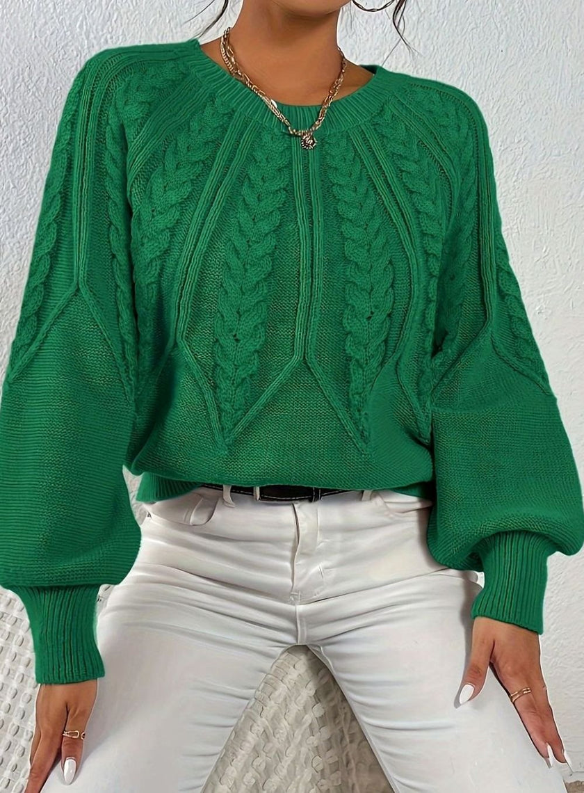 Mia | Women's Relaxed Cable-Knit Lantern Sleeve Pullover Sweater with Ribbed for Everyday