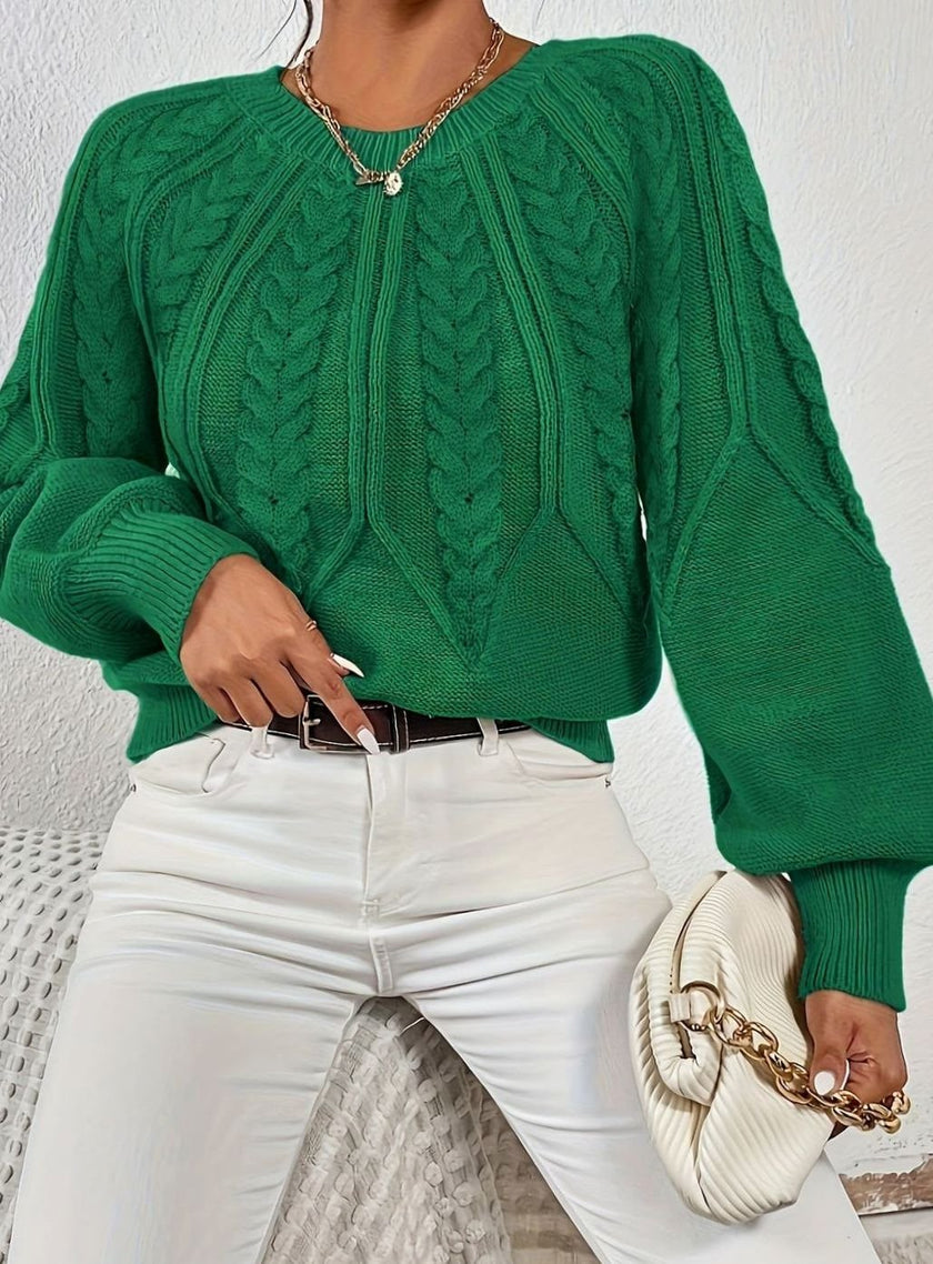 Mia | Women's Relaxed Cable-Knit Lantern Sleeve Pullover Sweater with Ribbed for Everyday
