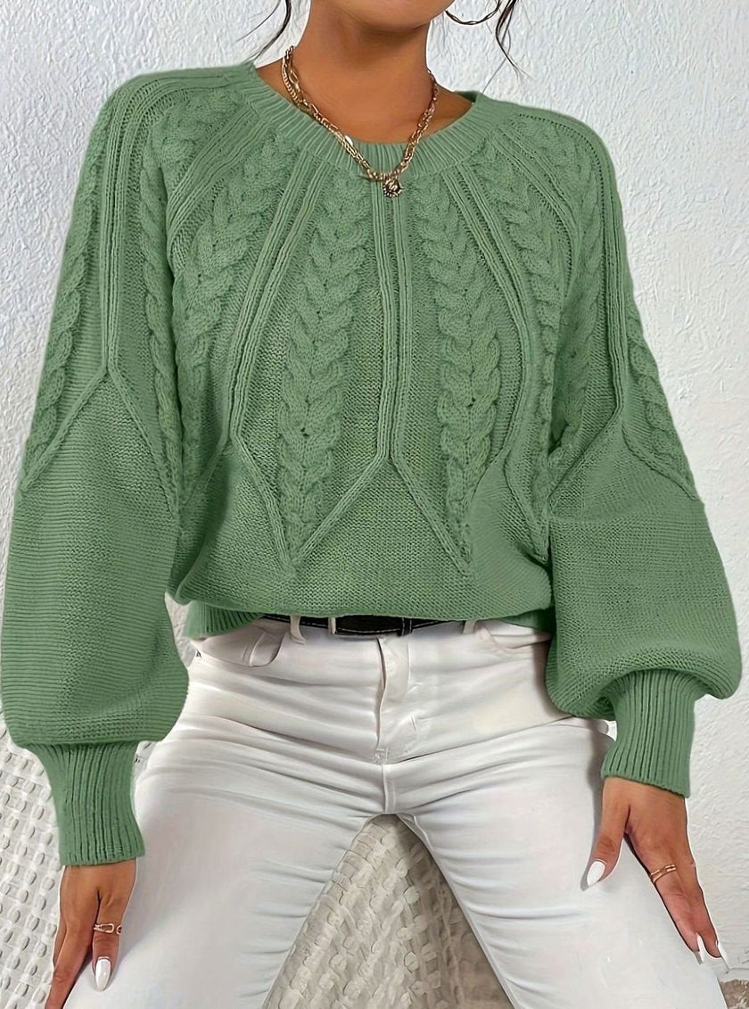 Mia | Women's Relaxed Cable-Knit Lantern Sleeve Pullover Sweater with Ribbed for Everyday