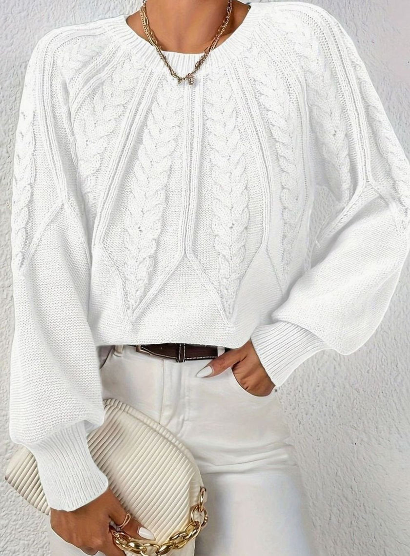 Mia | Women's Relaxed Cable-Knit Lantern Sleeve Pullover Sweater with Ribbed for Everyday