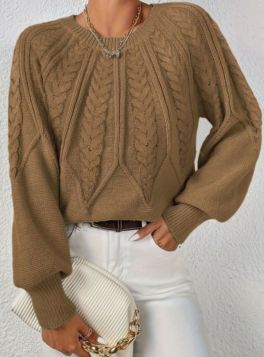 Mia | Women's Relaxed Cable-Knit Lantern Sleeve Pullover Sweater with Ribbed for Everyday