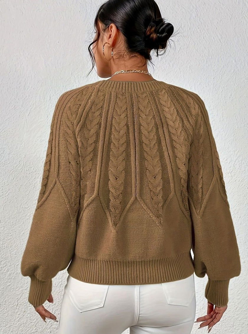 Mia | Women's Relaxed Cable-Knit Lantern Sleeve Pullover Sweater with Ribbed for Everyday