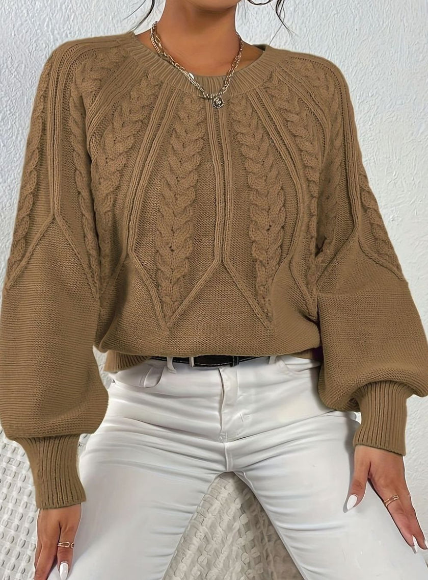 Mia | Women's Relaxed Cable-Knit Lantern Sleeve Pullover Sweater with Ribbed for Everyday