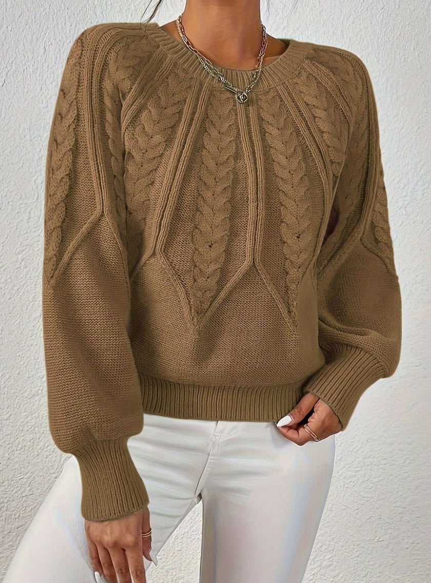Mia | Women's Relaxed Cable-Knit Lantern Sleeve Pullover Sweater with Ribbed for Everyday