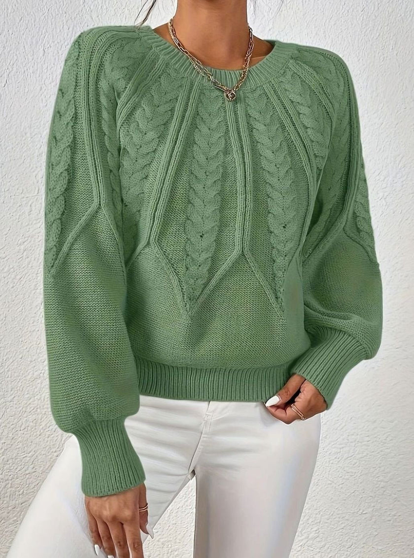 Mia | Women's Relaxed Cable-Knit Lantern Sleeve Pullover Sweater with Ribbed for Everyday