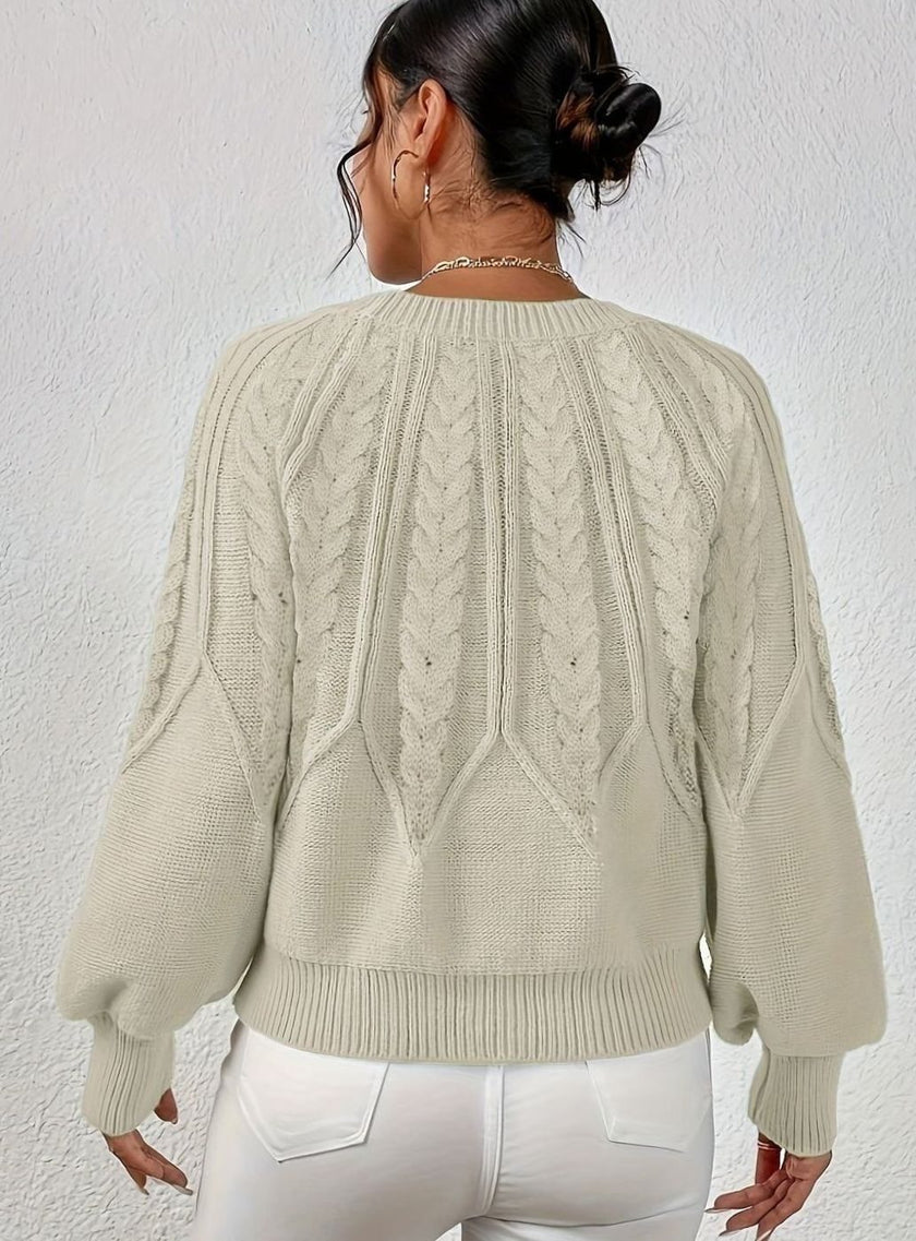 Mia | Women's Relaxed Cable-Knit Lantern Sleeve Pullover Sweater with Ribbed for Everyday