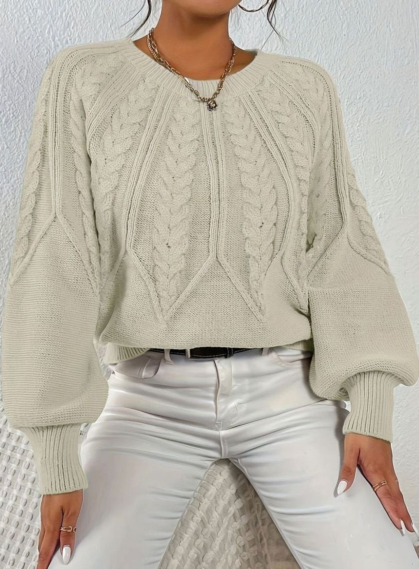 Mia | Women's Relaxed Cable-Knit Lantern Sleeve Pullover Sweater with Ribbed for Everyday