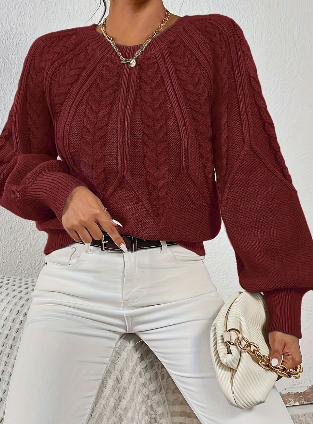 Cable-Knit Sweater with Lantern Sleeves Relaxed Fit for Women | Sophia
