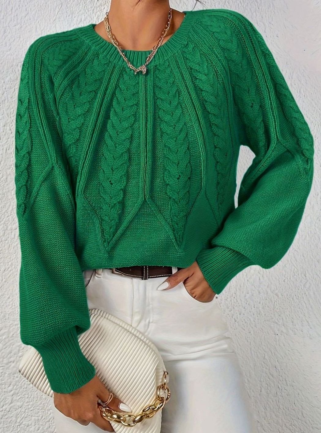 Cable-Knit Sweater with Lantern Sleeves Relaxed Fit for Women | Sophia