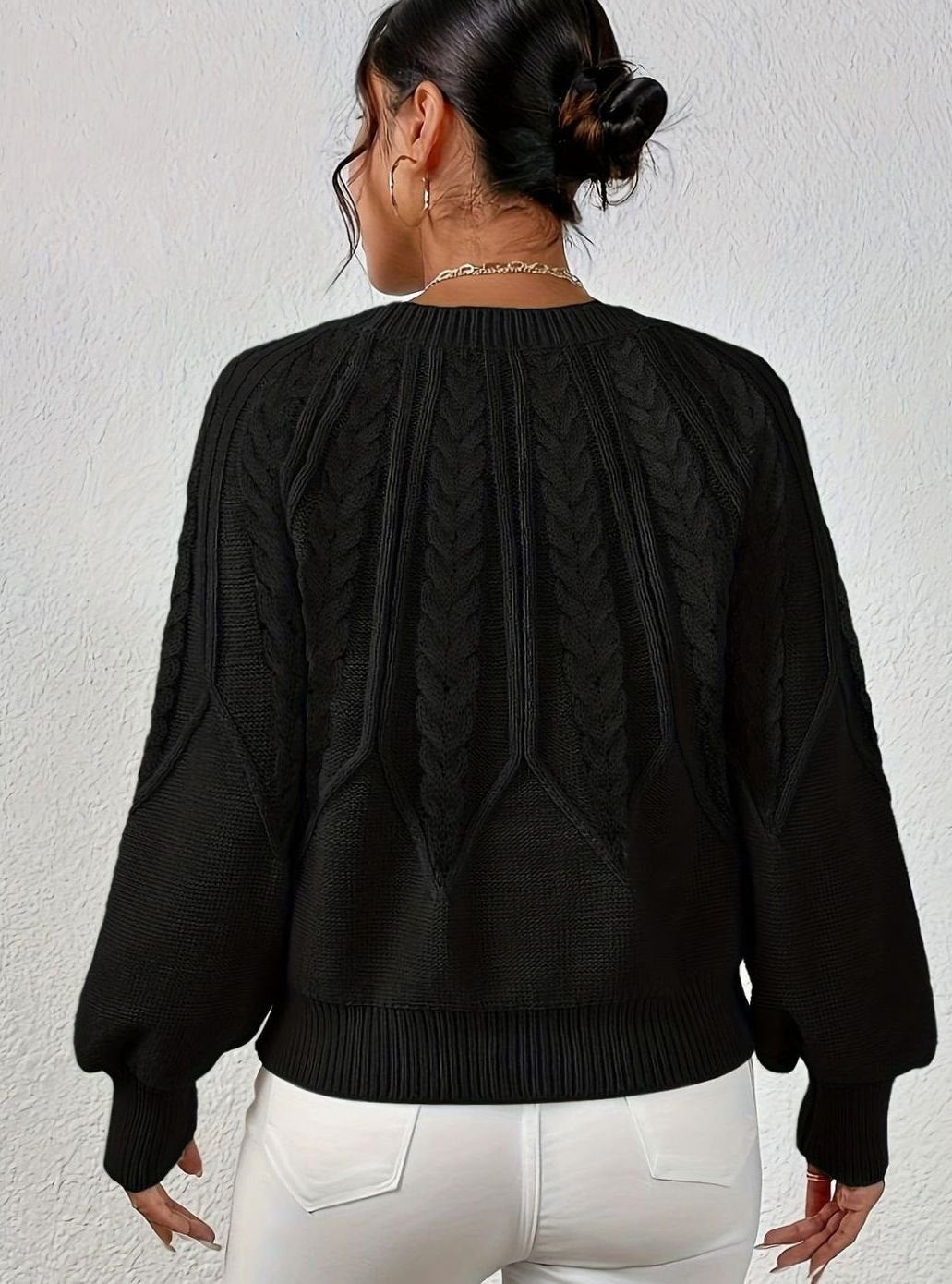 Cable-Knit Sweater with Lantern Sleeves Relaxed Fit for Women | Sophia