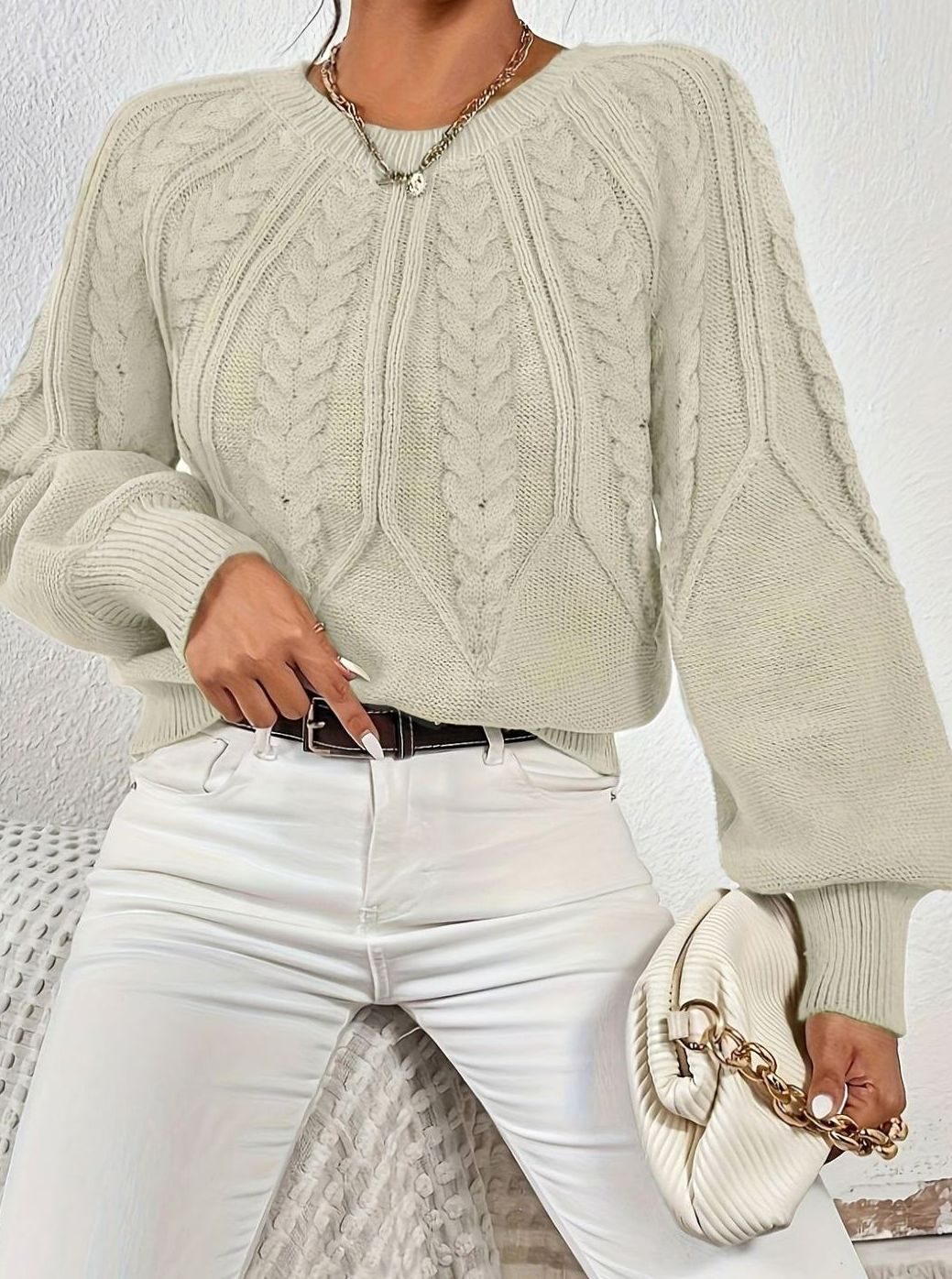 Cable-Knit Sweater with Lantern Sleeves Relaxed Fit for Women | Sophia