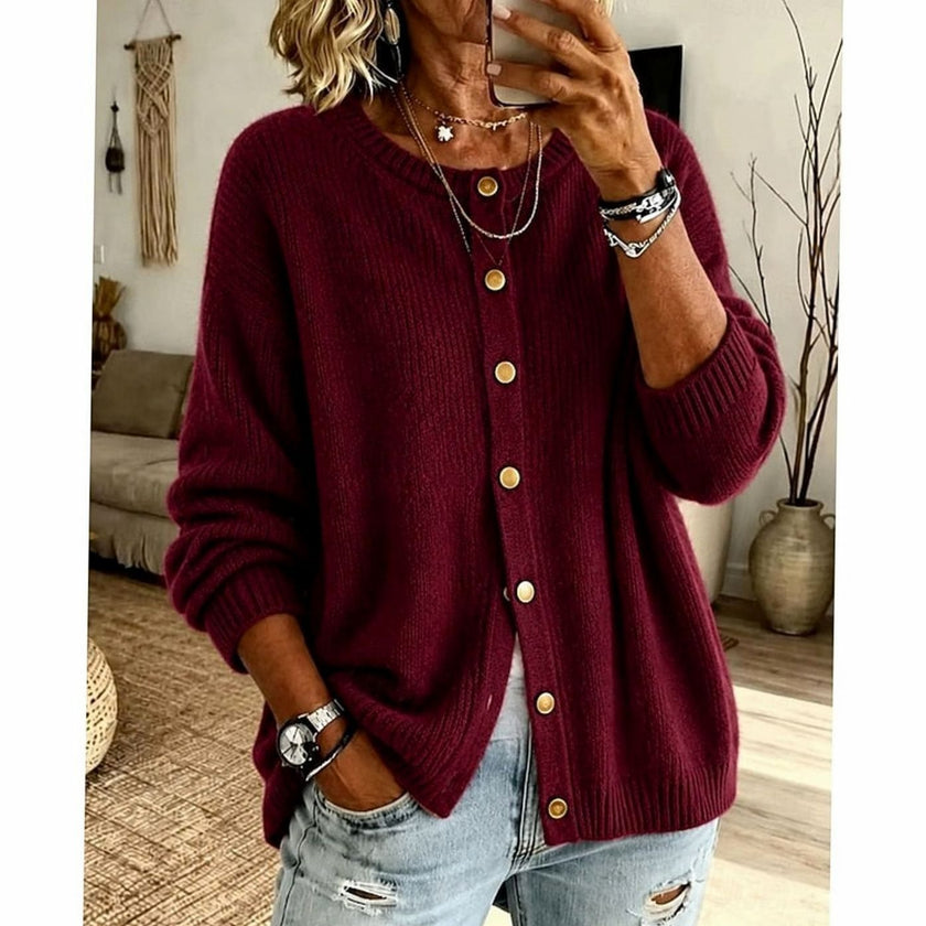 Isabella | Women's Crew-Neck Button-Front Cardigan Knit Sweater with Cozy for Everyday