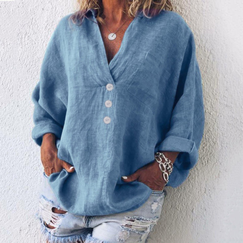 Amelia | Women's Relaxed-Fit Cotton Linen Button-Up Sweater Top with V-Neck for Layering