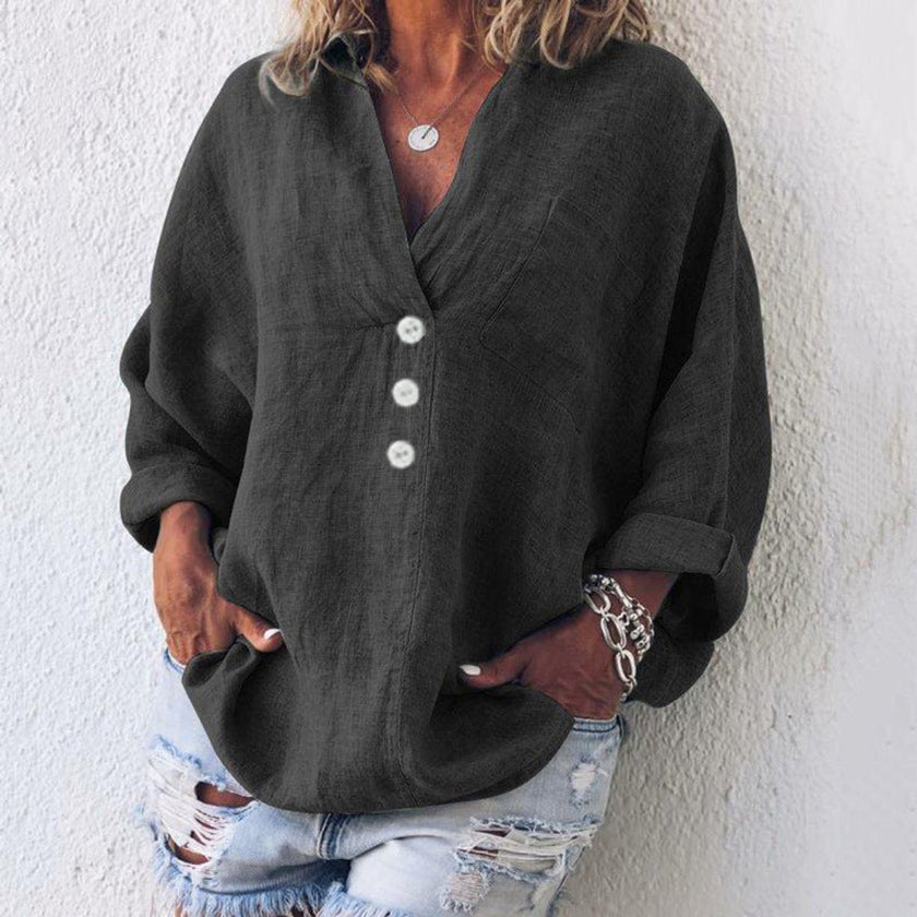 Amelia | Women's Relaxed-Fit Cotton Linen Button-Up Sweater Top with V-Neck for Layering