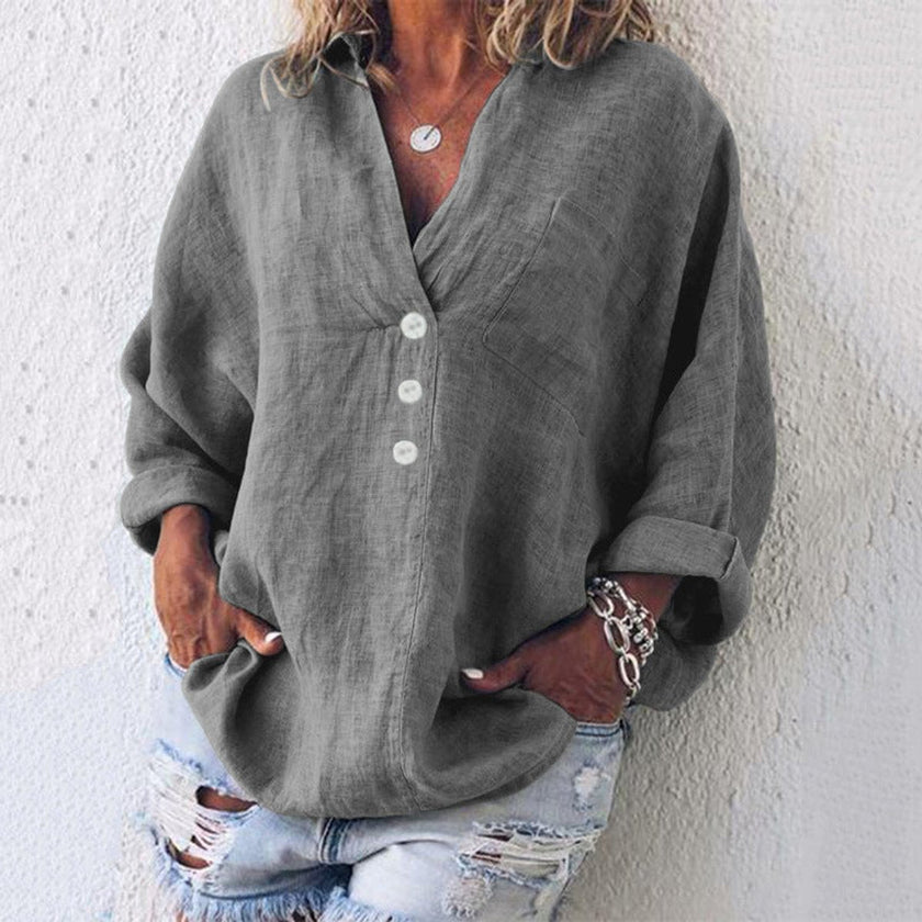 Amelia | Women's Relaxed-Fit Cotton Linen Button-Up Sweater Top with V-Neck for Layering