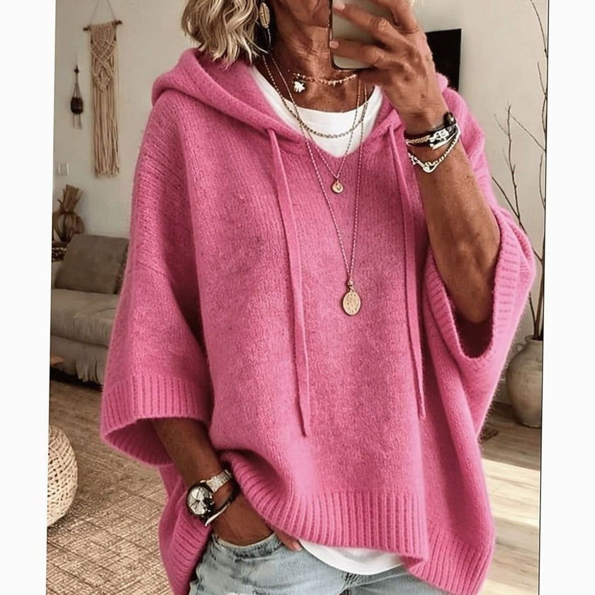Evelyn | Women's Relaxed-Fit Drawstring Hooded Knit Sweater with Ribbed for Everyday