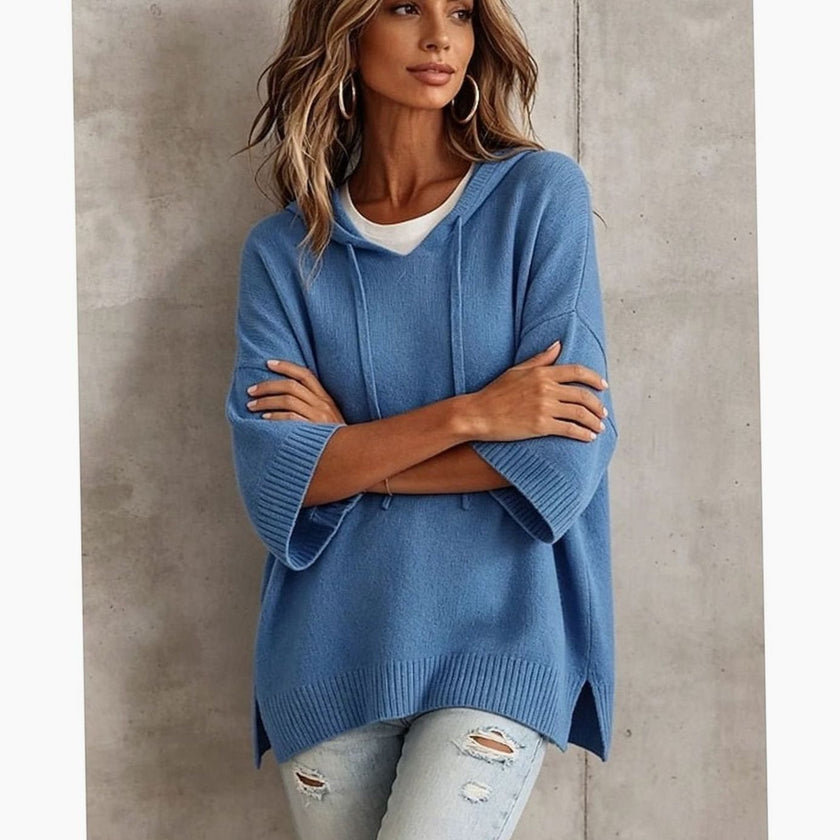 Evelyn | Women's Relaxed-Fit Drawstring Hooded Knit Sweater with Ribbed for Everyday
