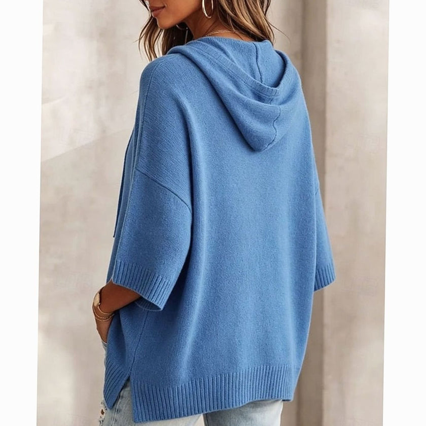 Evelyn | Women's Relaxed-Fit Drawstring Hooded Knit Sweater with Ribbed for Everyday