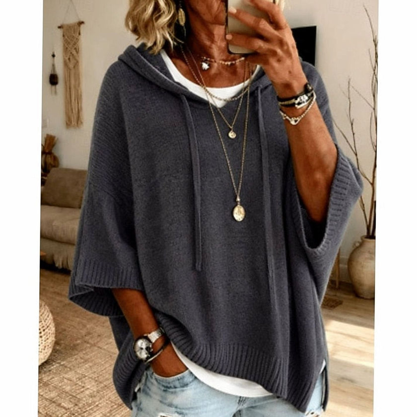 Evelyn | Women's Relaxed-Fit Drawstring Hooded Knit Sweater with Ribbed for Everyday