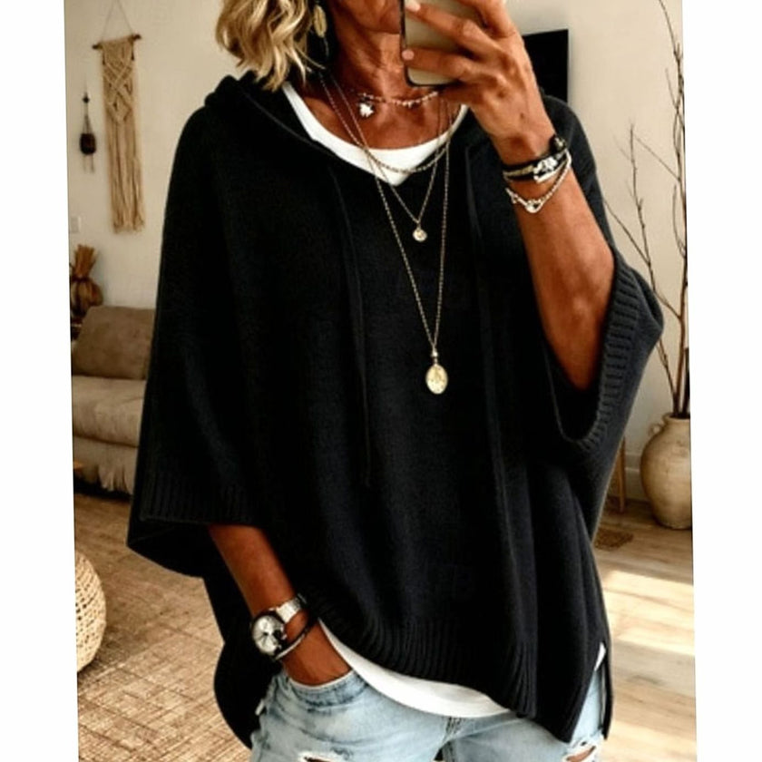 Evelyn | Women's Relaxed-Fit Drawstring Hooded Knit Sweater with Ribbed for Everyday