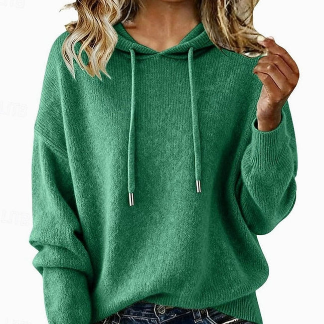 Evelyn | Women's Relaxed-Fit Drawstring Hooded Knit Sweater, Green with Ribbed for Winter