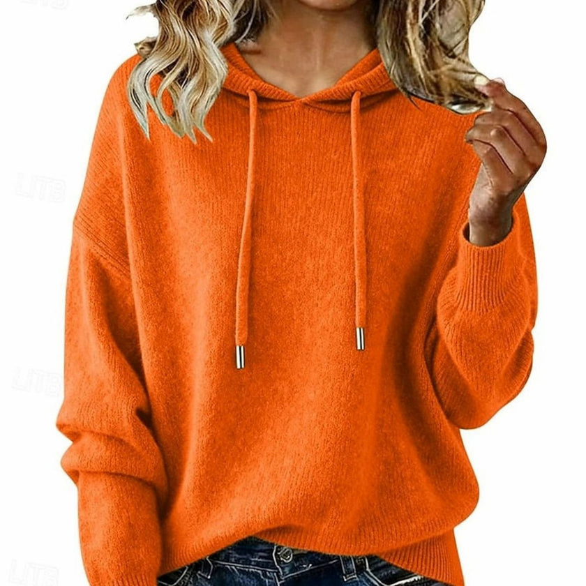 Evelyn | Women's Relaxed-Fit Drawstring Hooded Knit Sweater, Green with Ribbed for Winter