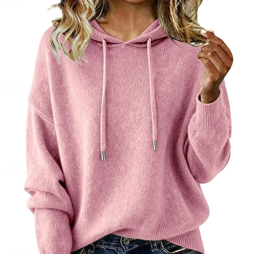 Evelyn | Women's Relaxed-Fit Drawstring Hooded Knit Sweater, Green with Ribbed for Winter