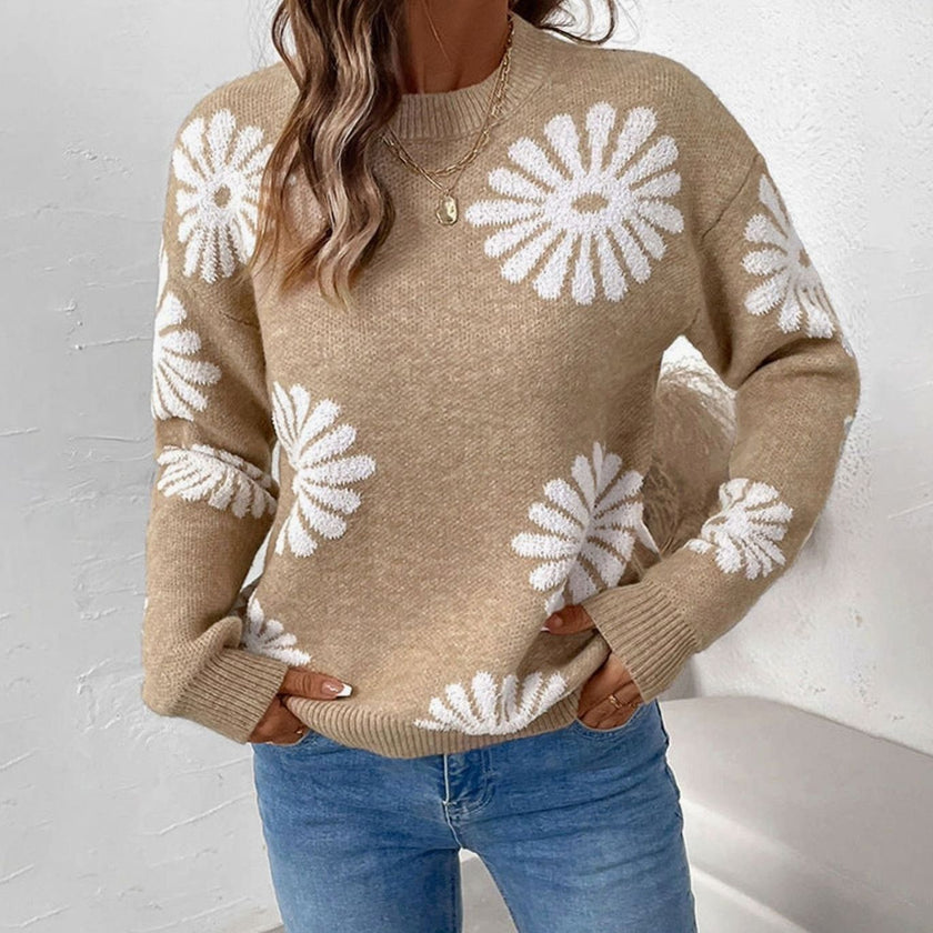 Femke | Women's Relaxed-Fit Floral Intarsia Knit Crew-Neck Sweater with Ribbed for Everyday
