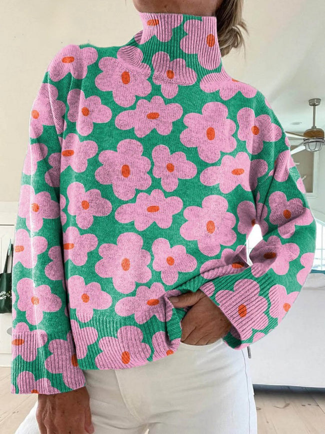 Madison | Women's Relaxed-Fit Floral Knit Turtleneck Sweater with Ribbed for Layering