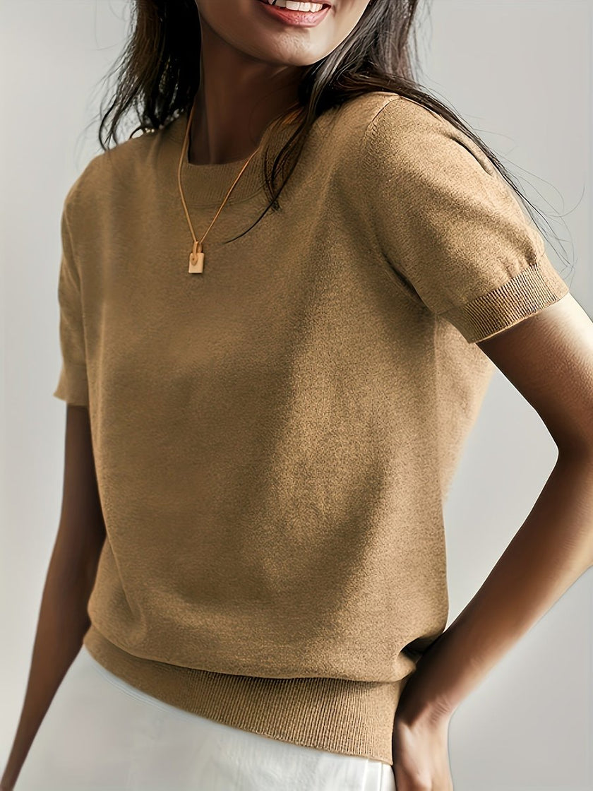 Eleanor | Women's Relaxed-Fit Short-Sleeve Knit Sweater Top with Crew-Neck for Layering