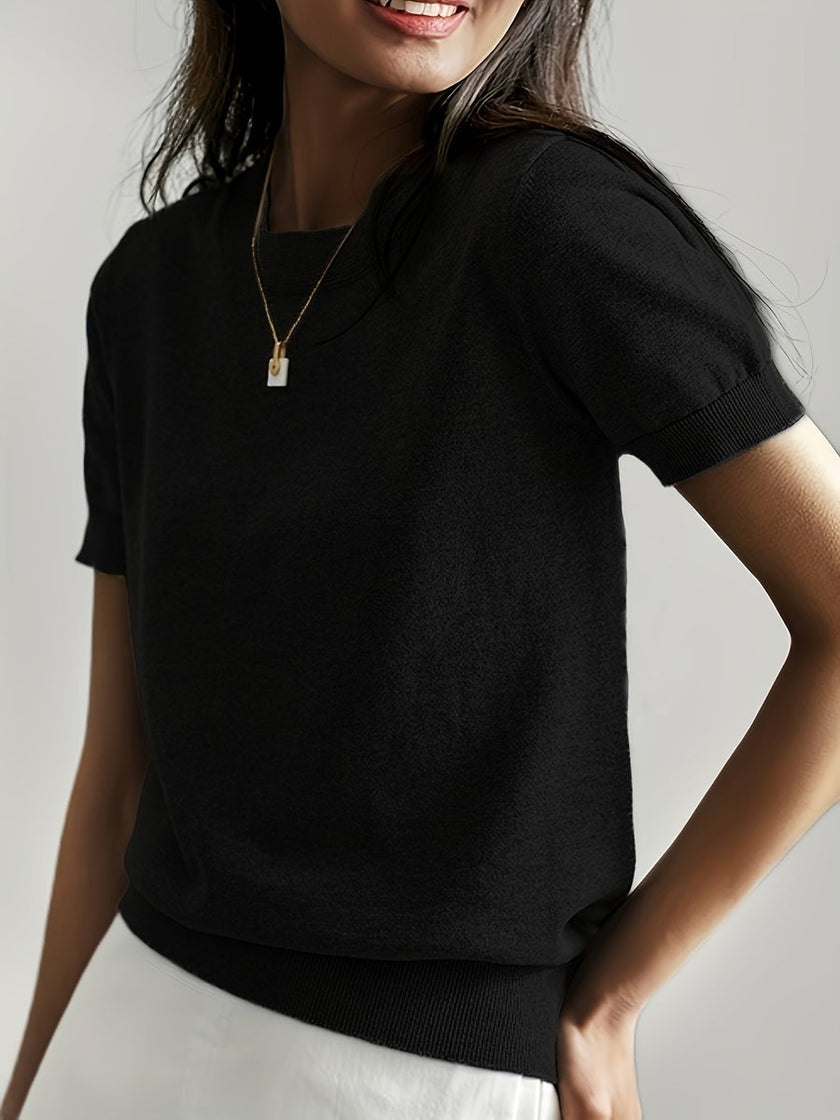 Eleanor | Women's Relaxed-Fit Short-Sleeve Knit Sweater Top with Crew-Neck for Layering