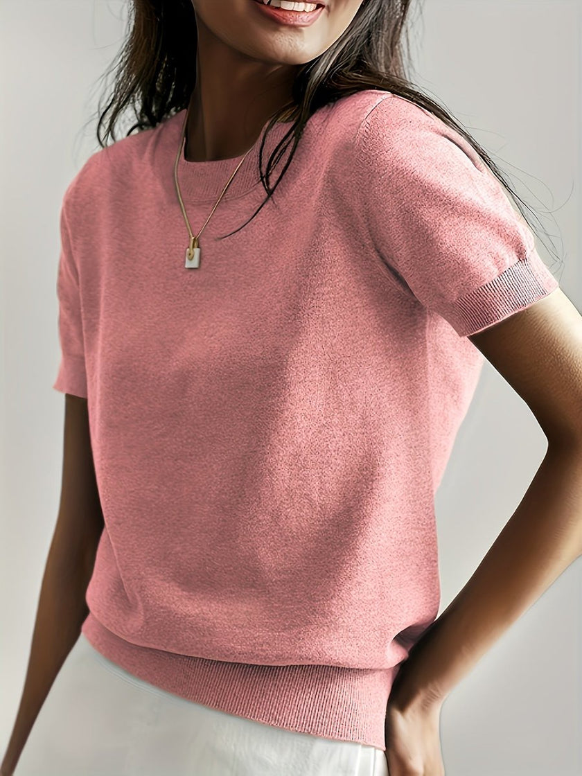 Eleanor | Women's Relaxed-Fit Short-Sleeve Knit Sweater Top with Crew-Neck for Layering