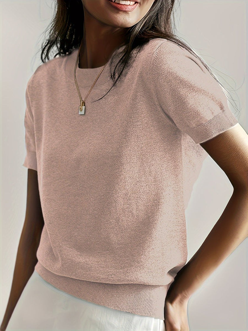 Eleanor | Women's Relaxed-Fit Short-Sleeve Knit Sweater Top with Crew-Neck for Layering