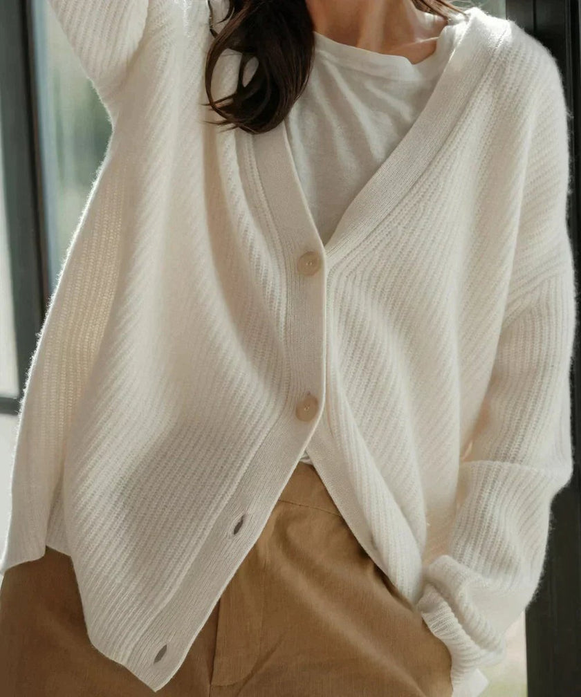 Hazel | Women's Relaxed-Fit V-Neck Button-Up Cashmere Cardigan with Ribbed for Everyday
