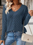 Madison | Women's Relaxed V-Neck Pointelle Knit Long-Sleeve Sweater with Drop-Shoulder for Layering