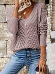 Madison | Women's Relaxed V-Neck Pointelle Knit Long-Sleeve Sweater with Drop-Shoulder for Layering