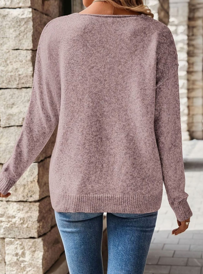 Madison | Women's Relaxed V-Neck Pointelle Knit Long-Sleeve Sweater with Drop-Shoulder for Layering