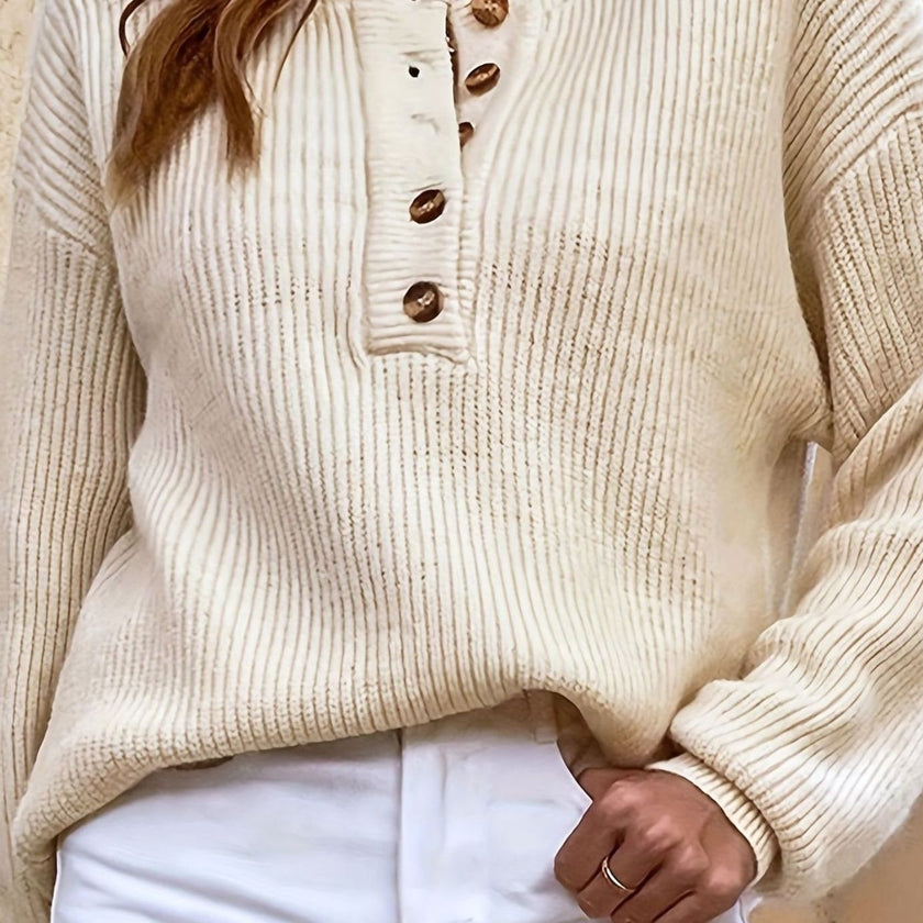 Eleanor | Women's Ribbed Henley Button-Neck Long Sleeve Sweater with Knit for Winter