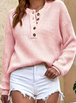 Eleanor | Women's Ribbed Henley Button-Neck Long Sleeve Sweater with Knit for Winter