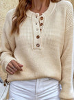 Eleanor | Women's Ribbed Henley Button-Neck Long Sleeve Sweater with Knit for Winter