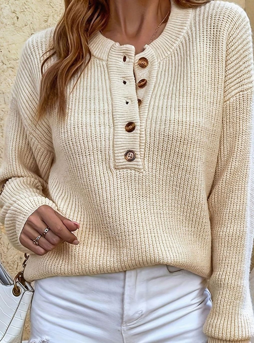 Eleanor | Women's Ribbed Henley Button-Neck Long Sleeve Sweater with Knit for Winter