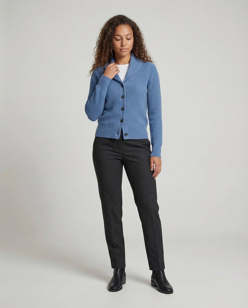 Penelope | Women's Ribbed Knit Button-Front Lapel Collar Cardigan with V-Neck for Layering