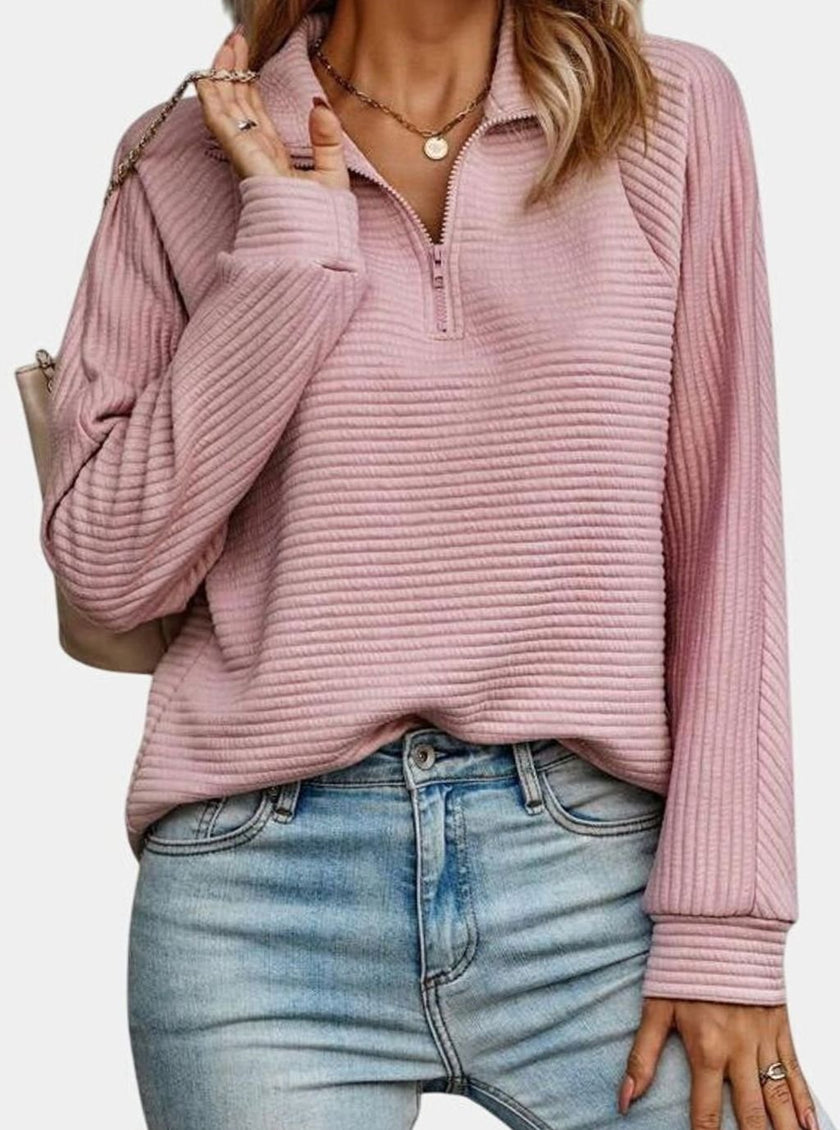 Fleur | Women's Ribbed Quarter-Zip Pullover Sweater with Oversized Long-Sleeve for Autumn