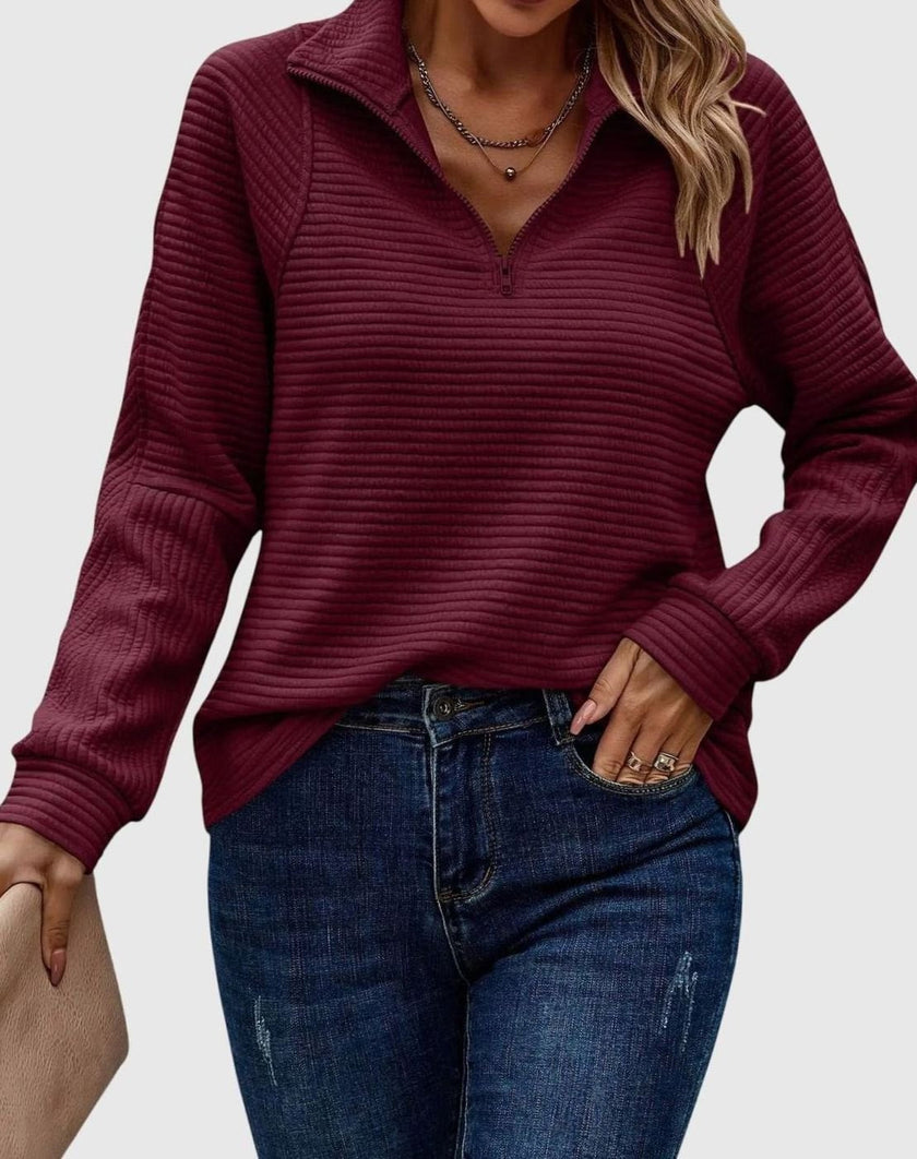 Fleur | Women's Ribbed Quarter-Zip Pullover Sweater with Oversized Long-Sleeve for Autumn