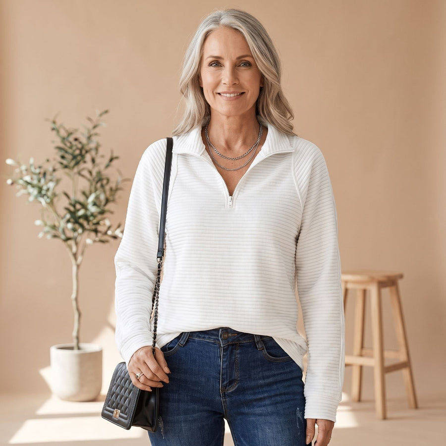 Ribbed Quarter-Zip Sweater with Stand Collar Relaxed Fit for Women | Victoria