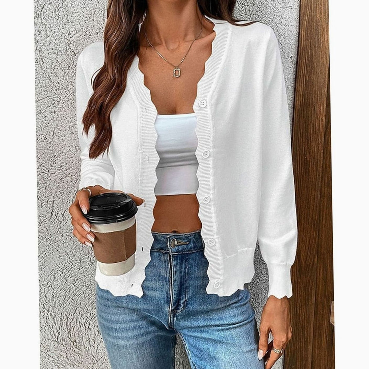 Button-Front V-Neck Knit Cardigan Sweater with Scalloped Trim Lightweight for Women | Felicia