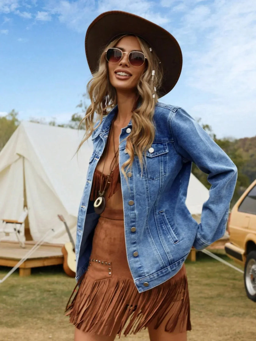 Denim Jacket Women Relaxed Fit Button Front Cotton